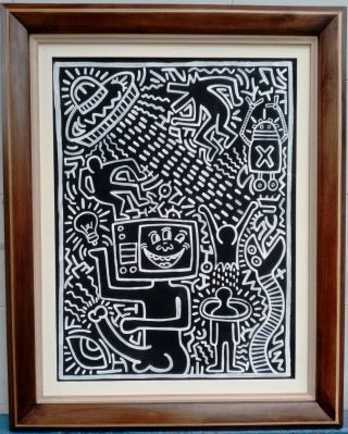 Great Acrylic Oil On Canvas By Keith Haring 1985 With Frame In