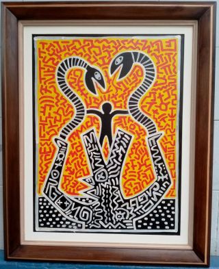 Great Acrylic Oil On Canvas By Keith Haring 1988 With Frame In