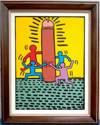 Great Acrylic Oil On Canvas By Keith Haring 1986 With Frame In
