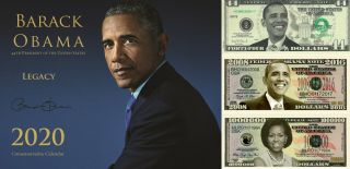 2020 Barack Obama " Commemorative " Calendar W/ 3 Commemorative Bills - Gift Set