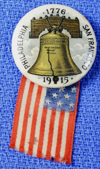1915 San Francisco Panama Exposition Philadelphia Liberty Bill Pin & Silk Flag