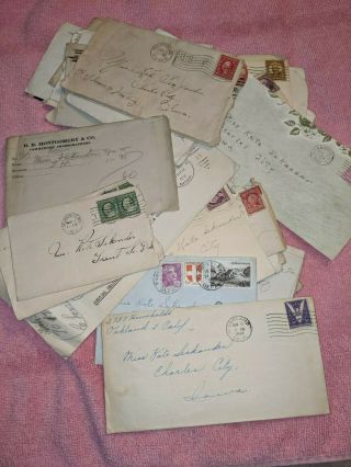 41 Vintage Stamped Envelopes,  1908 - 1951,  Charles City,  Iowa,  Canada,  France