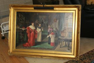 Large Emanuel Fiala Oil Painting On Canvas - Framed - Cardinals/monk