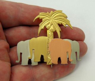 Unique Vintage Gold Silver Copper Tone Elephant & Palm Tree Tropical Pin Brooch