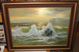Large Sunset Seascape Birds Oil On Canvas Painting Unsigned