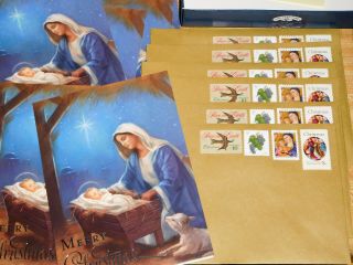6 Christmas Cards Mother Mary Baby Jesus W U.  S.  Postage Stamps 10¢ Dove 5¢ Grape