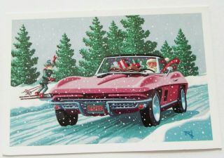 Vintage Christmas Card Santa In Sports Car Elf Skiing Paul Oxman Publishing 1991