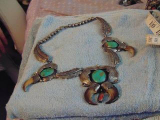 Vintage Native American Navajo Sterling Silver Necklace And Turquoise Pendant