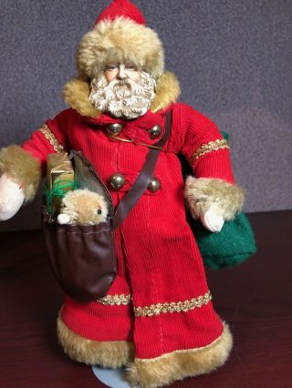 Santa Doll Figure 10 Inches Porcelain Face Red Coat Green Toy Bag