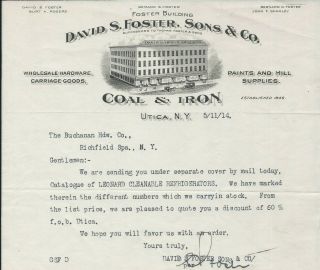 1914 Utica Ny David S Foster,  Sons & Co Mill Supplies Letterhead Co Graphic