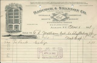 1911 Albany Ny Babcock & Shannon Co Shirts/furnishing Goods Billhead Co Graphic