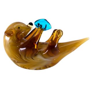Miniature Hand Blown Art Glass Sea Otter On Back With Clam Figurine