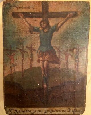 18c Old Religious Painting Christ On The Cross Mexico