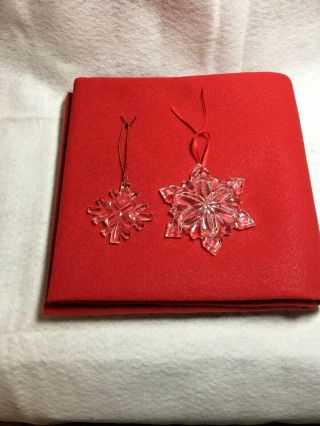 Two Crystal Glass Snowflake Christmas Ornaments With Red Strings For Hanging