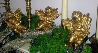 Vintage 3 Gold Cherub Angels Xmas A Tad Of Gold Glitter 6 " Long X 4 " Thick
