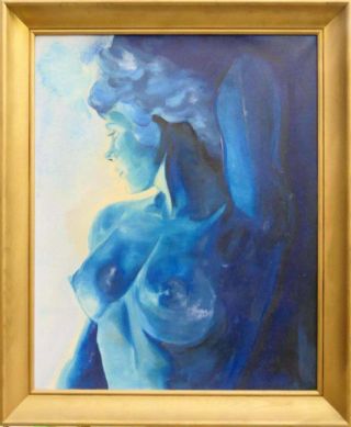 Mcm Mid Century Modern Blue Nude Female Oil Painting Artist Signed