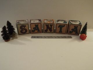5 Lg - 3 1/2 " Christmas Santa Wood Blocks - Words - Decoration - Bottle Brush Trees - Grn