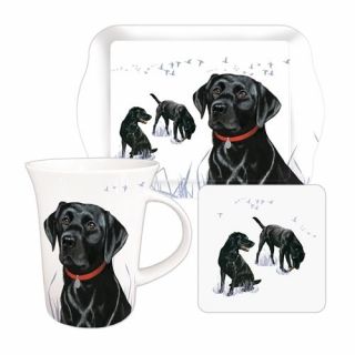 Labrador Dog Tea Time Gift Set.  Black Lab Mug,  Biscuit Tray & Coaster.  P&p