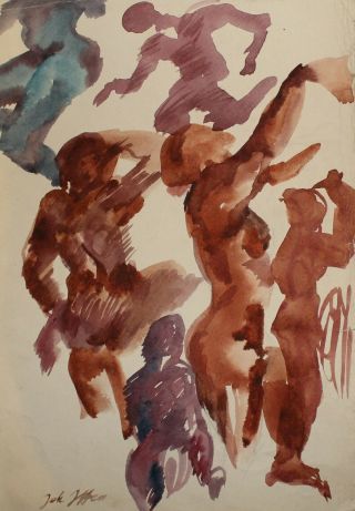 Swiss Abstract Nude Figures Portrait Watercolor Painting,  Signed Joh.  Itten