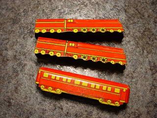 Vintage Tin Cracker Jack Set Of 2 Train Locos & 1 Passenger Car