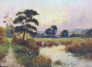 Sidney Yates Johnson - Cattle Watering - Oil Painting - C.  1900