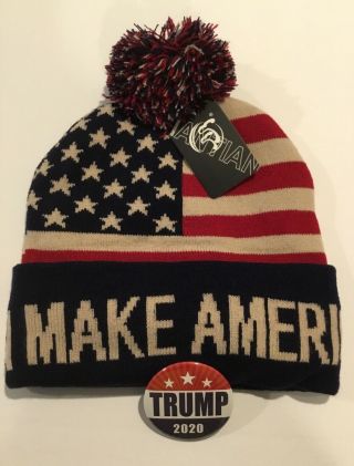 Trump Maga Ski Cap Hat Beanie Usa Flag Red Blue Plus 2020 Campaign Button