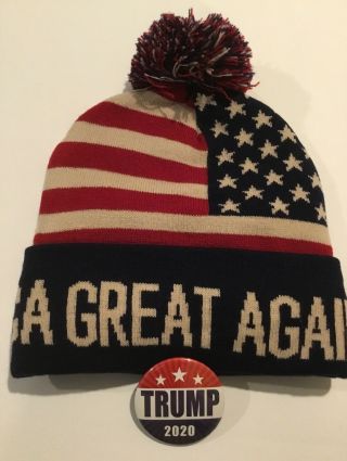 Trump MAGA Ski Cap Hat Beanie USA Flag Red Blue Plus 2020 Campaign Button 2