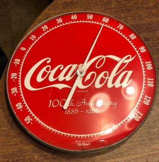 Coca Cola Round 12 " Thermometer 100th Anniversary 1886 1986 Tru Temp Stuck On 60