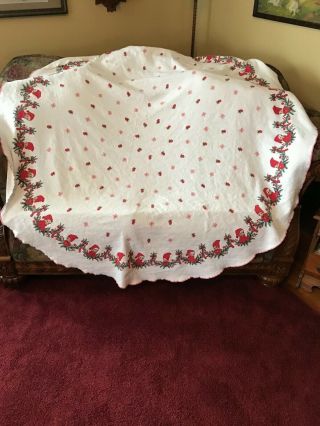 Vintage Christmas Tablecloth - Elves Or Pixies,  Snowflakes,  Bulbs,  Greenery,  Bow