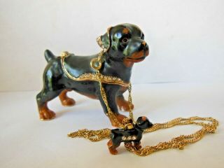 Kingsport Rottweiler Dog Enamel Jeweled Crystal Trinket Box & Matching Necklace