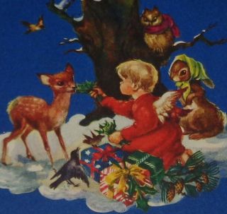 Vintage Christmas Card,  Adorable Angel Feeding Animals,  Brownie 3 1/2 "