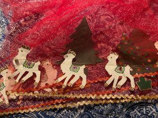 Vintage Christmas Poinsettia Rectangle Tulle Netting Felt Sequins Tablecloth