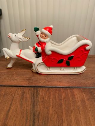 Vintage Ceramic Santa Sleigh Reindeer Planter - Candy Dish Christmas