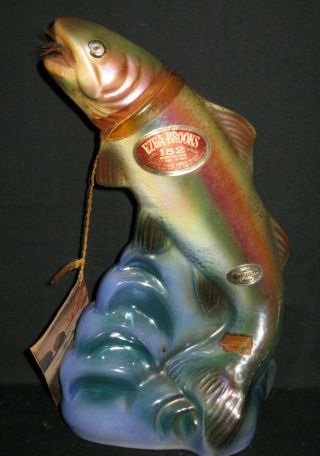 Vintage Ezra Brooks Bourbon Whiskey Decanter Liquor Bottle Rainbow Trout Fish