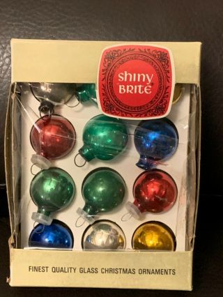 Box Of 12 Miniature Vintage Shiny Brite Glass Christmas Tree Ornaments 1 1/4”