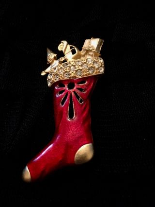 Rhinstone And Gold Enamaled Christmas Stocking Brooch Stuffed With Toys