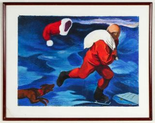 Happy Christmas Gouache Painting Nigel Van Wieck (b.  1947 Uk Ny) Listed Artist