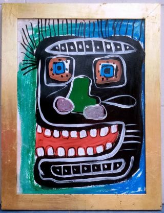 Acrylic On Paper By Jean - Michel Basquiat With Frame In Golden Leaf