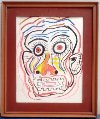 Great Painting By Jean - Michel Basquiat 1982 Oilstick On Paper With Frame