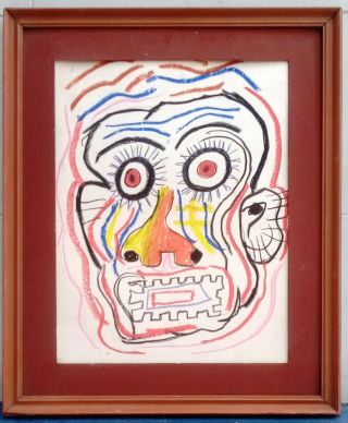 GREAT PAINTING BY JEAN - MICHEL BASQUIAT 1982 OILSTICK ON PAPER WITH FRAME 2