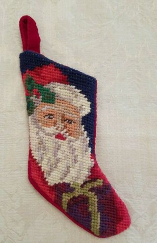 Vintage Finished Wool Needlepoint 7in.  Santa Christmas Stocking Ornament