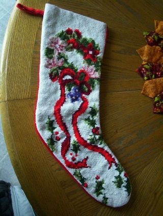 Vintage Needlepoint Christmas Stocking Floral Wreath Holly Red Velvet Back 20 "