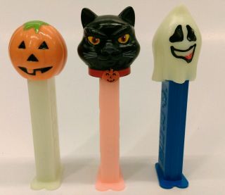 Three Halloween Pez Dispensers Black Cat Pumpkin Ghost Glow In The Dark