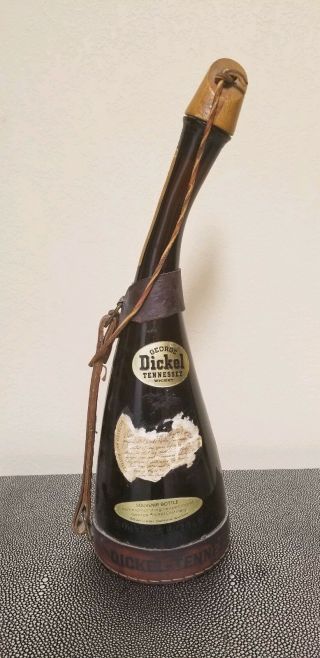 Vintage George Dickel Tennessee Whisky Bottle With Leather Strap And Top Cork