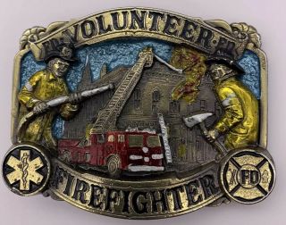 1986 Volunteer Firefighter Brass Belt Buckle Fire Truck Rescue 1805 Vintage