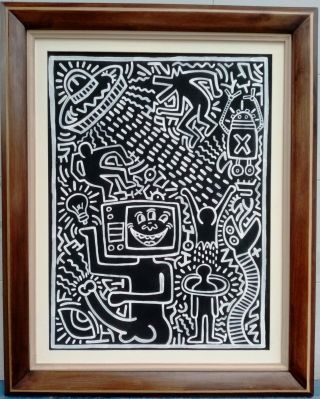 Great Acrylic Oil On Canvas By Keith Haring 1985 With Frame In Golden Leaf