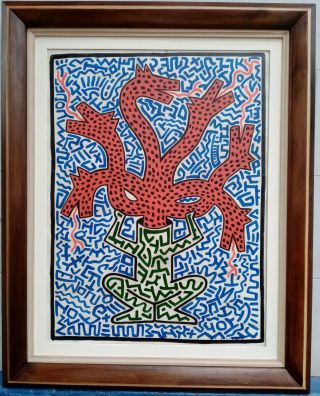Great Acrylic Oil On Canvas By Keith Haring 1987 With Frame In Golden Leaf