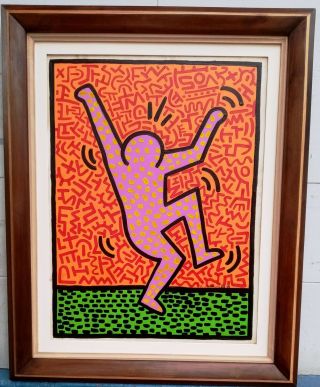 Great Acrylic Oil On Canvas By Keith Haring 1988 With Frame In Golden Leaf
