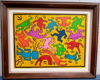 Great Acrylic Oil On Canvas By Keith Haring 1986 With Frame In Golden Leaf
