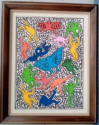 Great Acrylic Oil On Canvas By Keith Haring 1984 With Frame In Golden Leaf